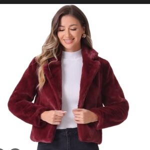 Allegra K Plush Faux Fur Jacket - Burgundy Box-i